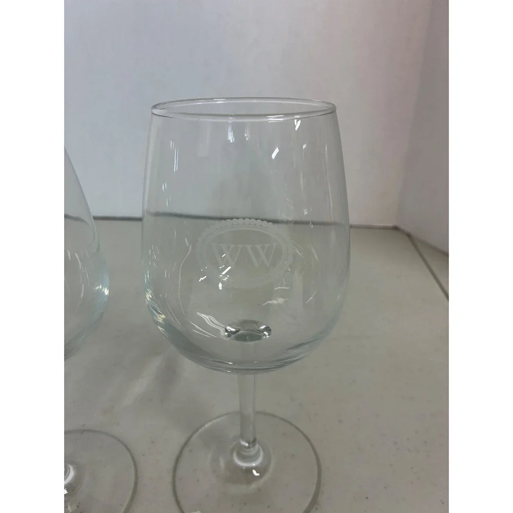 Set of 2 WW Monogram Etched Stemmed‎ Wine Glasses Clear Glass Barware